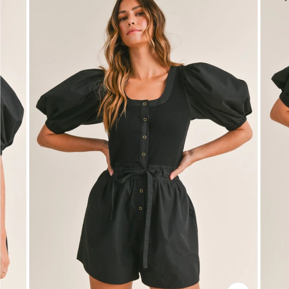 MABLE puff sleeve black romper, tie waist, Georgina, Small - Picture 4 of 9
